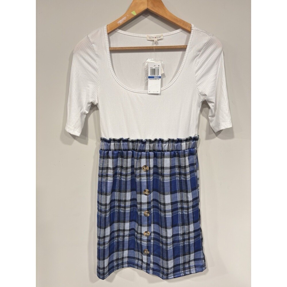 ULTRA FLIRT Juniors Dress Blue Belted Plaid Layered-look Sz S Preppy Casual